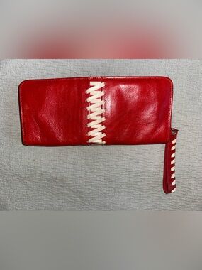 Jennifer Scott Red Leather Zip Wristlet with Ivory Lacing Detail
